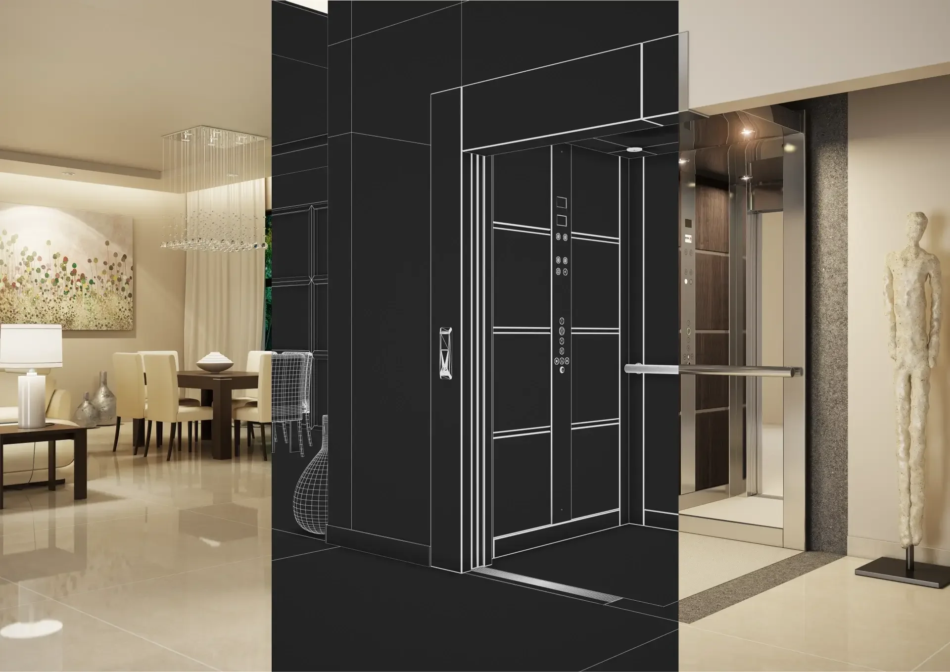 Τεχνική απεικόνιση 3D wireframe και τελικού render θαλάμου Pappas.