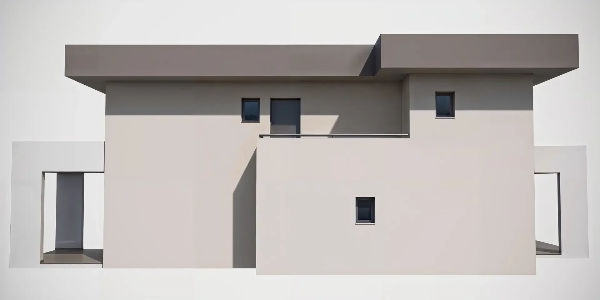 Αρχιτεκτονική 3D προβολή πίσω όψης κατοικίας με μινιμαλιστικούς όγκους.