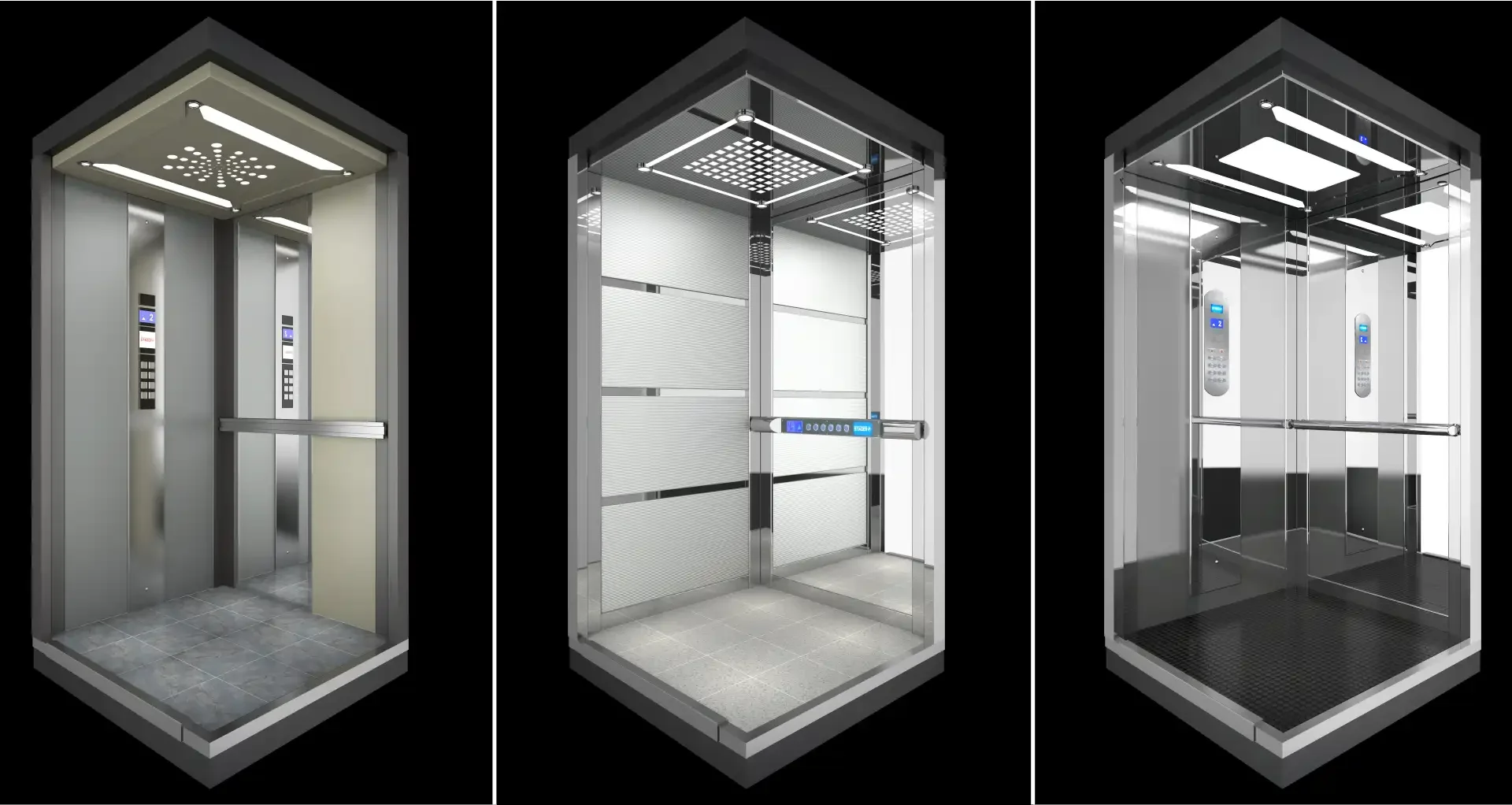 3D render καταλόγου μοντέρνων γυάλινων και μεταλλικών θαλάμων ασανσέρ.