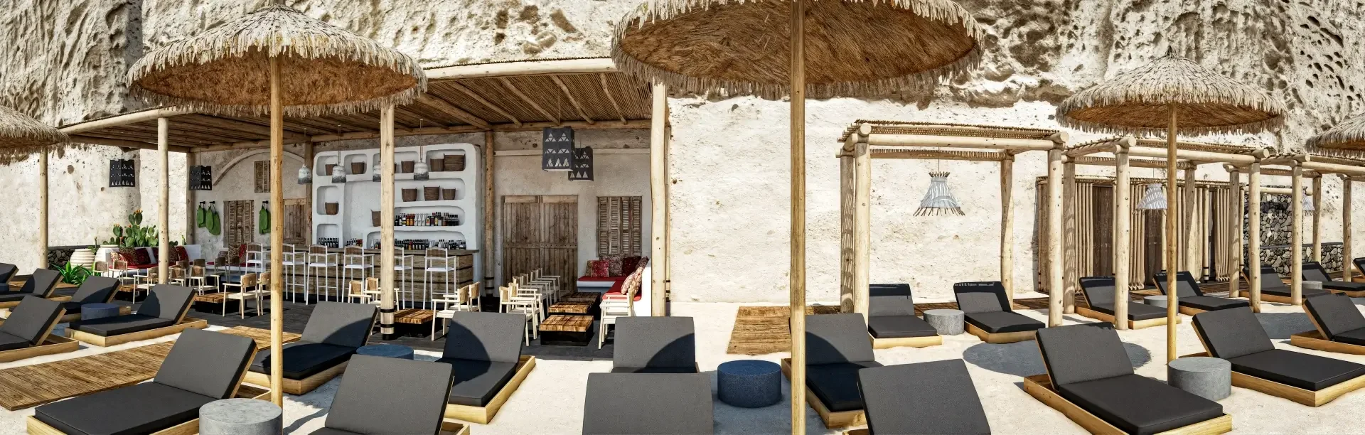 Πανοραμική τρισδιάστατη απεικόνιση beach lounge με ξαπλώστρες και ψάθινες ομπρέλες.