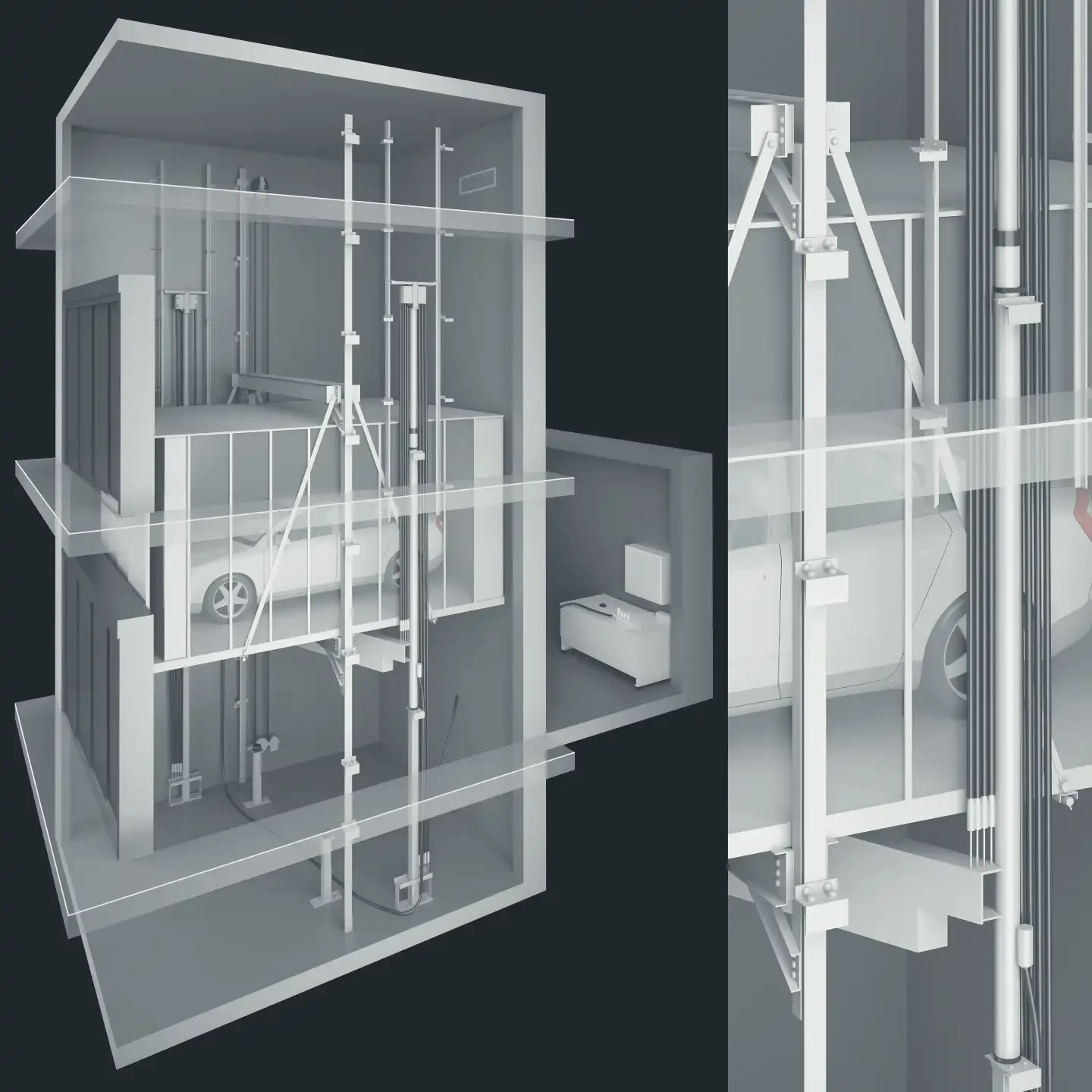 3D τεχνική φωτορεαλιστική απεικόνιση μηχανισμού και φρέατος ανελκυστήρα οχημάτων.