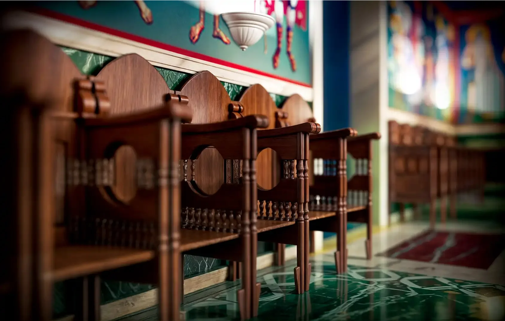 3D render κοντινή λήψη λεπτομέρειας ξυλόγλυπτων στασιδίων ναού.