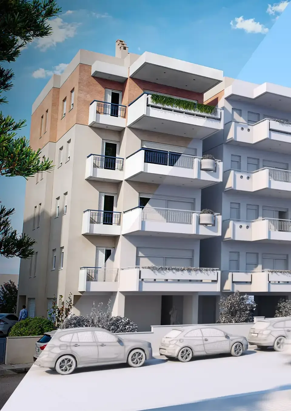Σύγκριση τρισδιάστατης μακέτας clay render και τελικού φωτορεαλισμού πολυκατοικίας.