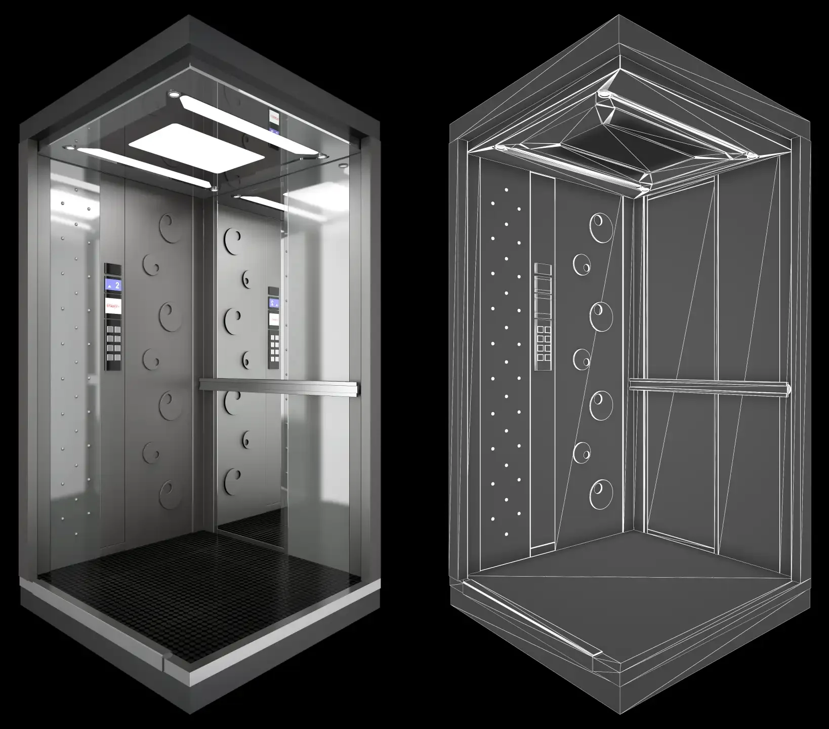 Σύγκριση 3D wireframe σχεδιασμού και τελικού φωτορεαλισμού θαλάμου ανελκυστήρα.