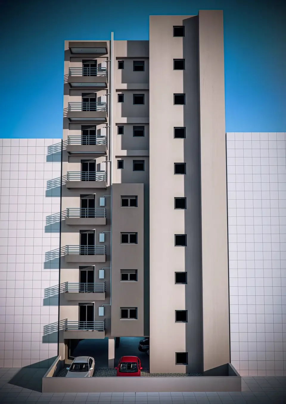 3D visualization πλευρικής όψης και κλιμακοστασίου πολυκατοικίας.