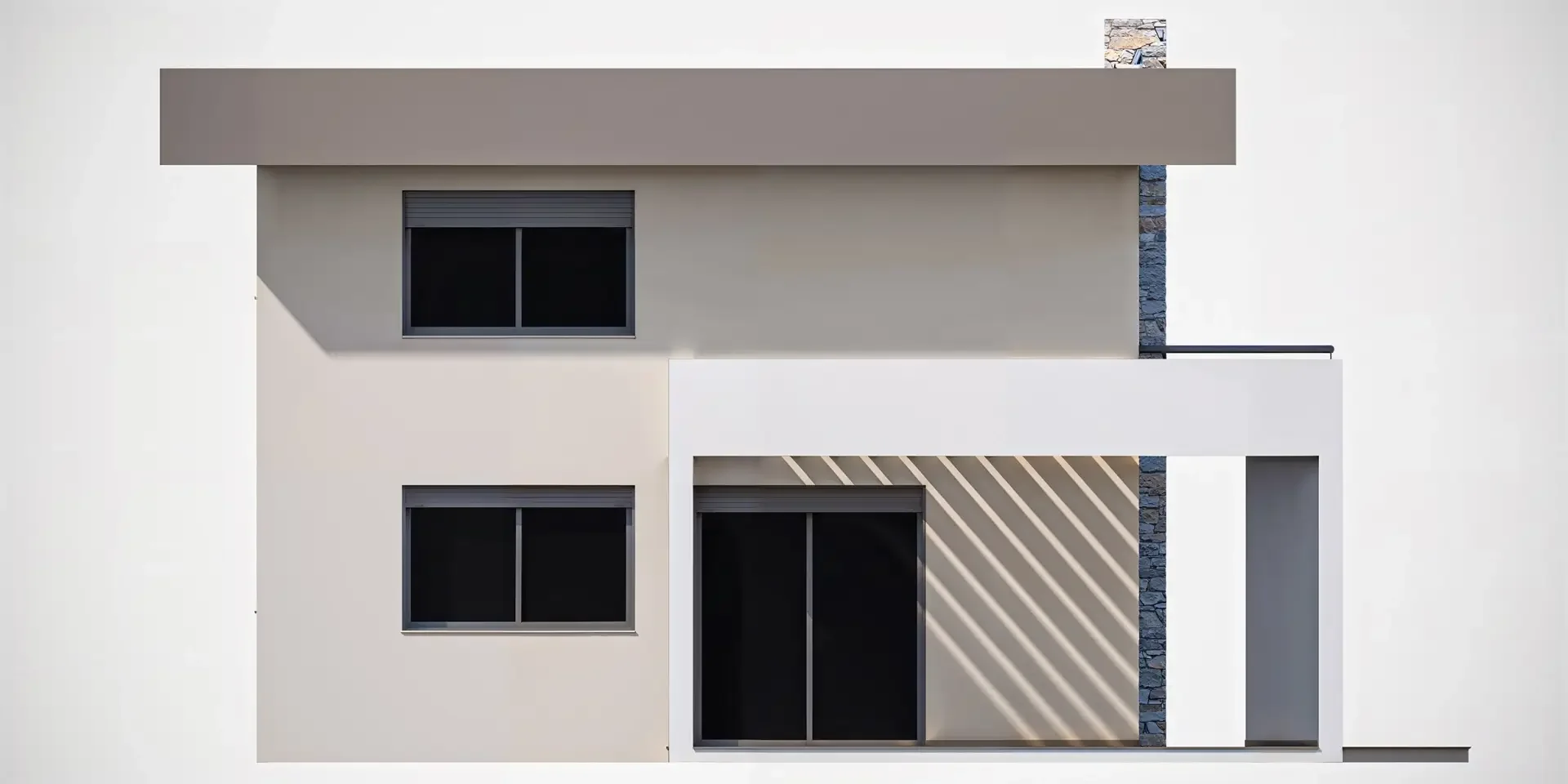 3D render πλάγιας όψης με περγκολα, φωτοσκιάσεις και σύγχρονες αρχιτεκτονικές γραμμές.