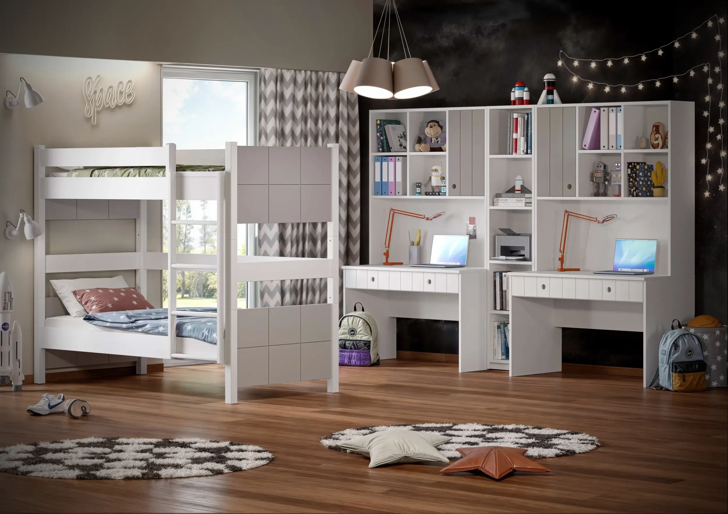 3D render παιδικού δωματίου για δύο παιδιά με διπλή κουκέτα Icon και διπλό μαθητικό γραφείο με βιβλιοθήκες.