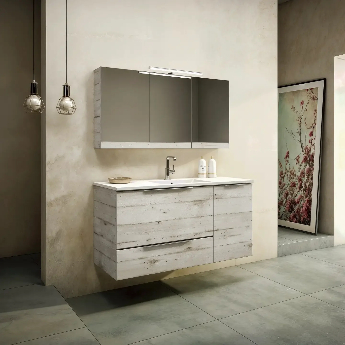 Φωτορεαλιστικό 3D render κρεμαστού επίπλου μπάνιου σε ρουστίκ ξύλο με τριπλό καθρέφτη.