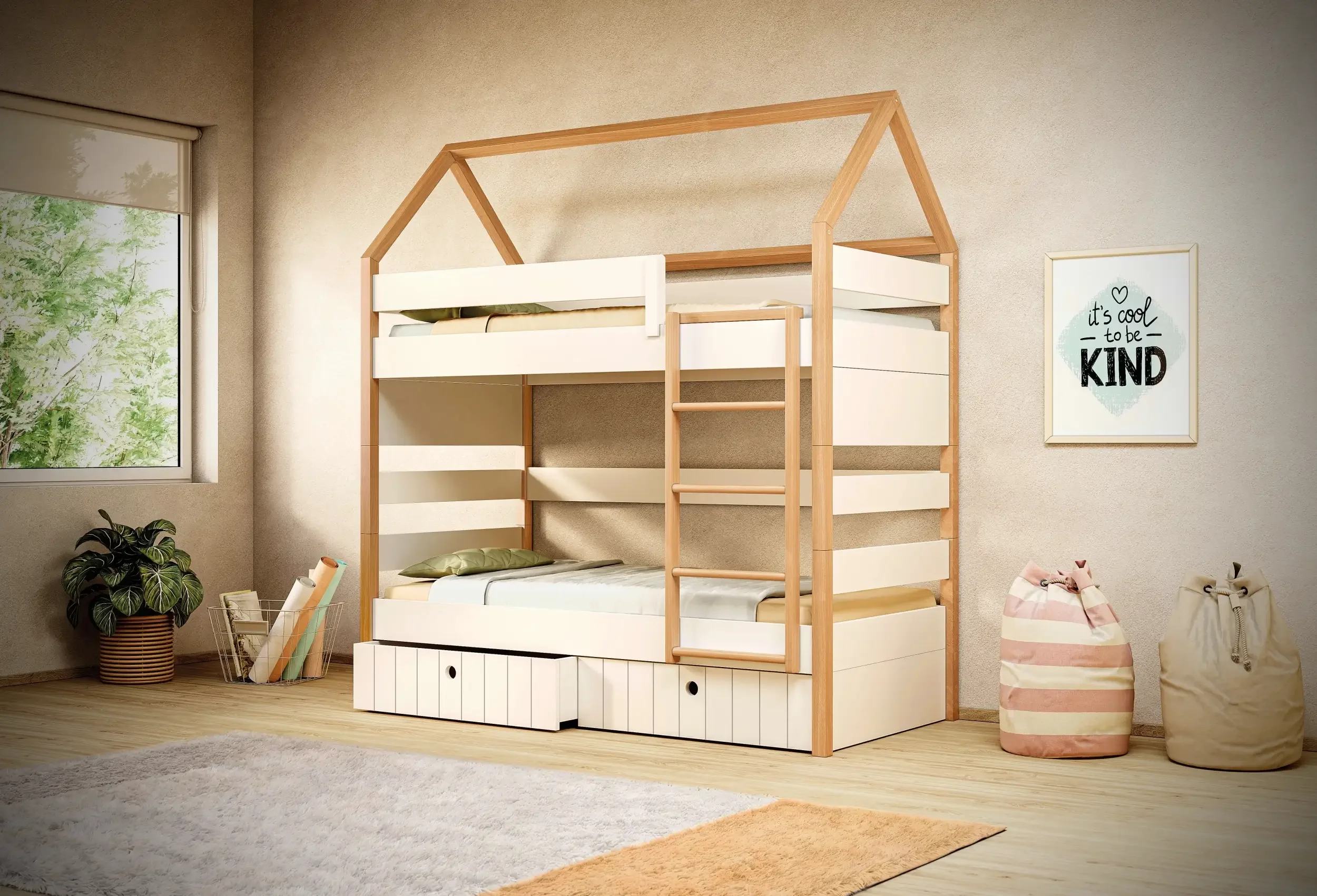 3D render διπλής κουκέτας-σπιτάκι Kiddy με φυσικό ξύλινο σκελετό, λευκές τραβέρσες και σκάλα.