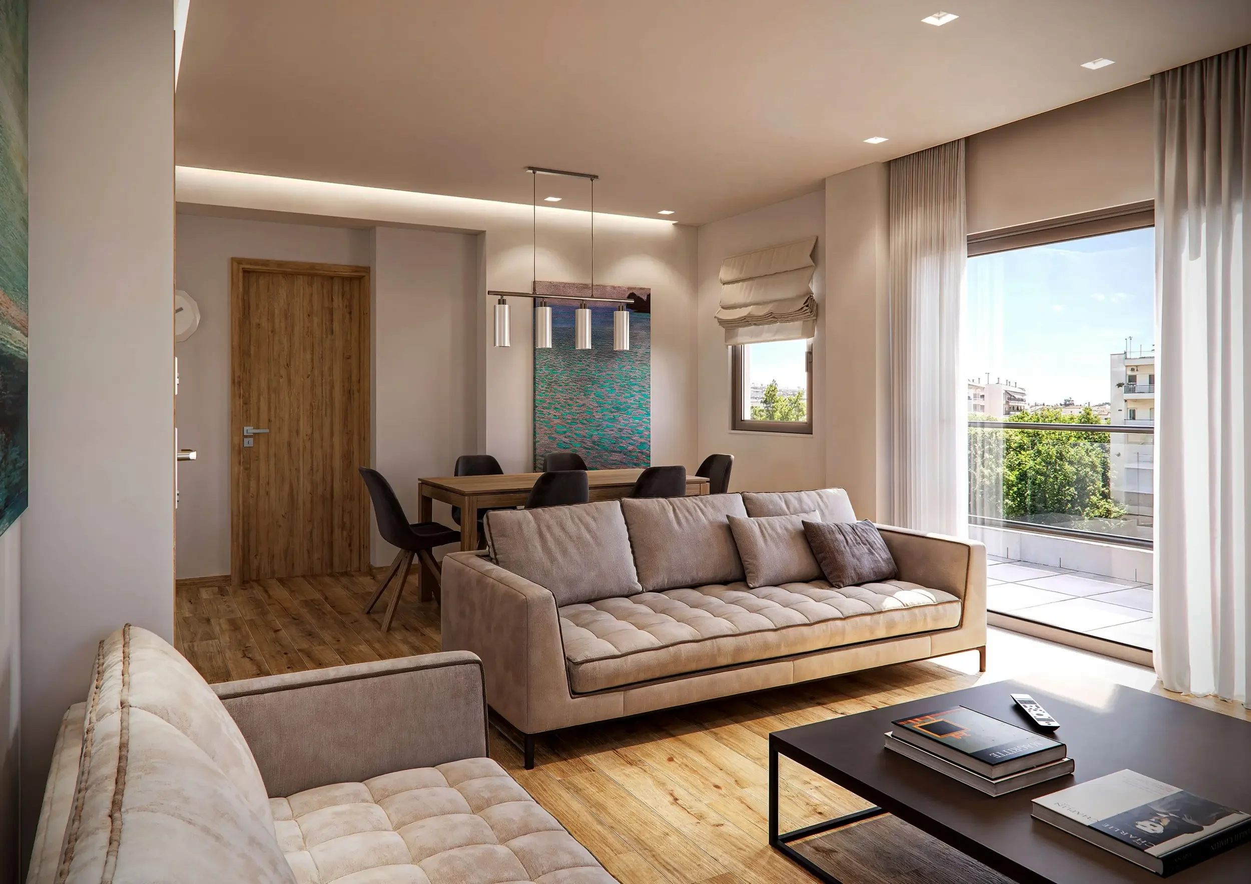 3D interior design και αρχιτεκτονικός φωτορεαλισμός ενιαίου σαλονιού και τραπεζαρίας για διαμέρισμα σε πολυκατοικία από την THINKGRAF για την MEGIS Construction – Consulting. Σχεδιασμός επίπλωσης με καπιτονέ καναπέδες, ξύλινη τραπεζαρία, κρεμαστό φωτ