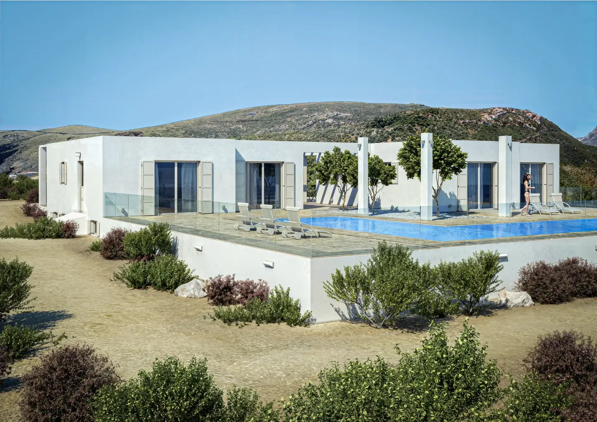 Πανοραμικό CGI rendering σύγχρονης κυκλαδίτικης κατοικίας με πισίνα.
