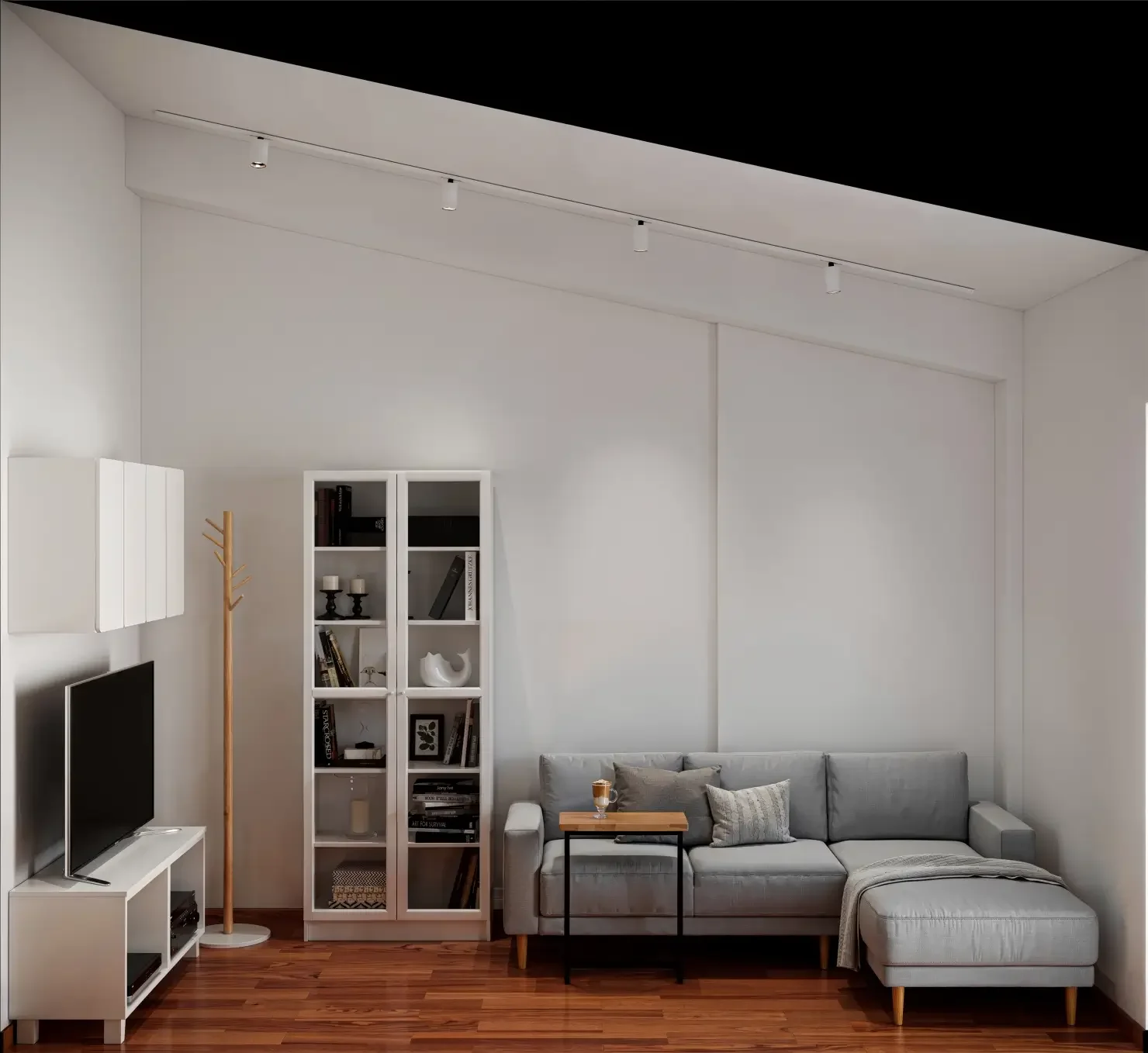 3D render καθιστικού με γκρι γωνιακό καναπέ, λευκή βιτρίνα και μινιμαλιστική επίπλωση.