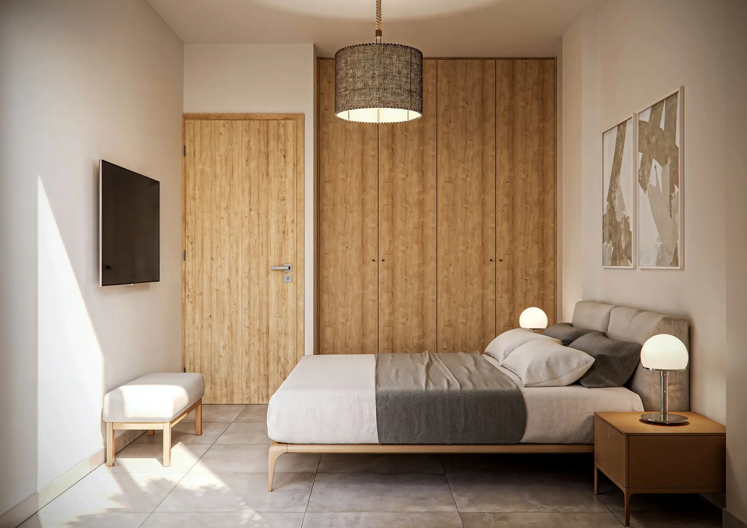 Φωτορεαλισμός και interior design master υπνοδωματίου σε διαμέρισμα πολυκατοικίας από την THINKGRAF για την MEGIS Construction – Consulting. Σχεδιασμός με ξύλινο κρεβάτι, custom εντοιχισμένη ντουλάπα από φυσικό ξύλο, κρεμαστό φωτιστικό και επιτοίχια 