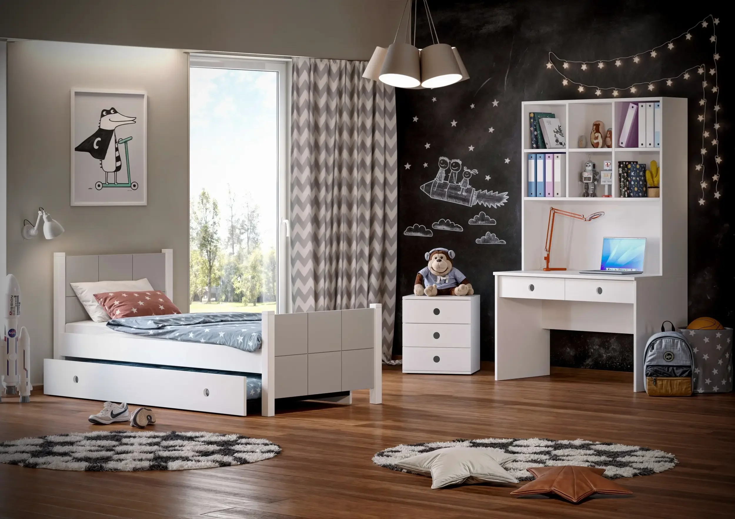 3D render παιδικού δωματίου Cosy με κρεβάτι, συρόμενο μηχανισμό δεύτερου στρώματος και σύνθεση γραφείου.