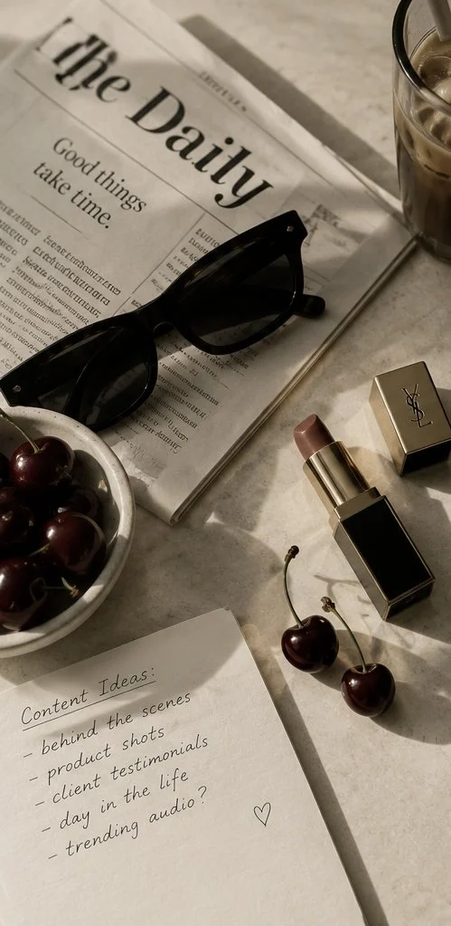 A flat lay of a newspaper, sunglasses, a glass of iced coffee, a box of YSL lipstick, and a bowl of cherries on a marble surface, with a handwritten note listing content ideas.