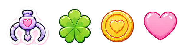 Line of four colorful icons: a purple and white robotic claw with a heart, a green four-leaf clover, an orange coin with a heart, and a pink heart.