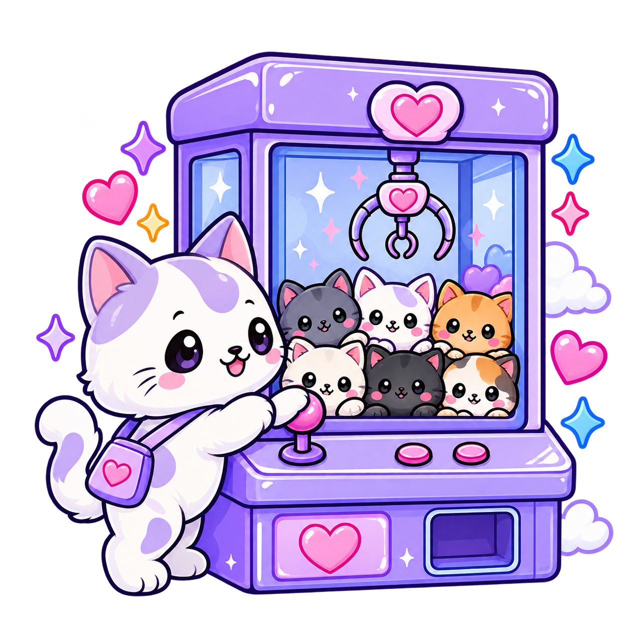 Cute cartoon cat operating a claw machine filled with small kittens, surrounded by colorful hearts and stars.