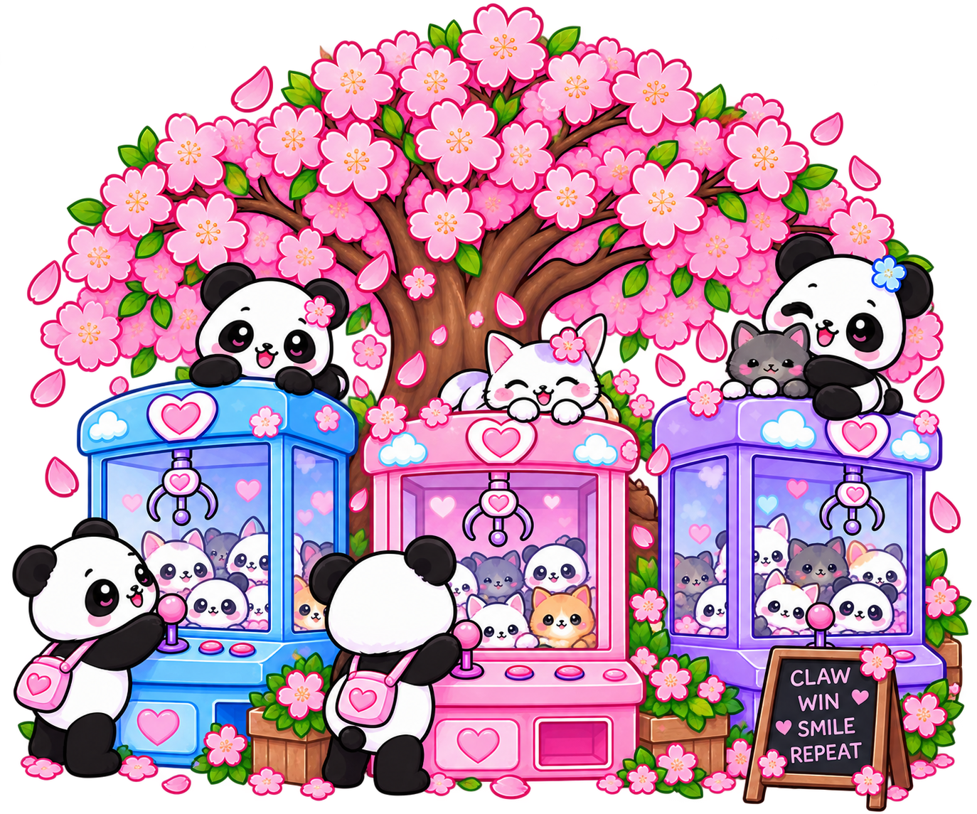 A colorful illustration of kawaii-style animals—pandas, cats, and dogs—gathered around three claw machines filled with tiny plush animals. The scene is set under a large cherry blossom tree with pink flowers and petals falling, with a pink and purple background. There is a blackboard sign with the words "Claw Win Smile Repeat" and flowers decorating the scene.