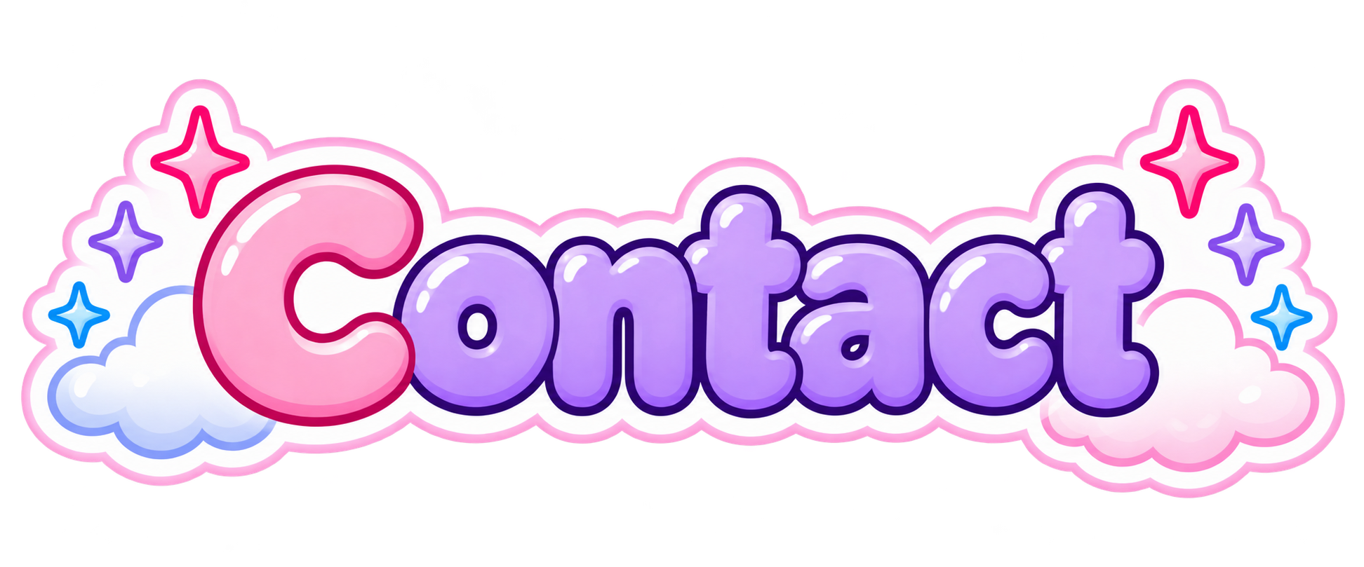 Colorful cartoon style text spelling 'Contact' in purple and pink, surrounded by white clouds and outlined with pink, red, blue, and purple stars and sparkles.