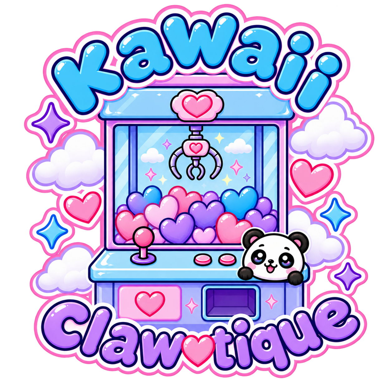 Colorful cartoon-style claw machine with pink, purple, and blue hearts, a cute panda, and the words 'kawai claw machine' in playful font, surrounded by clouds and sparkles.