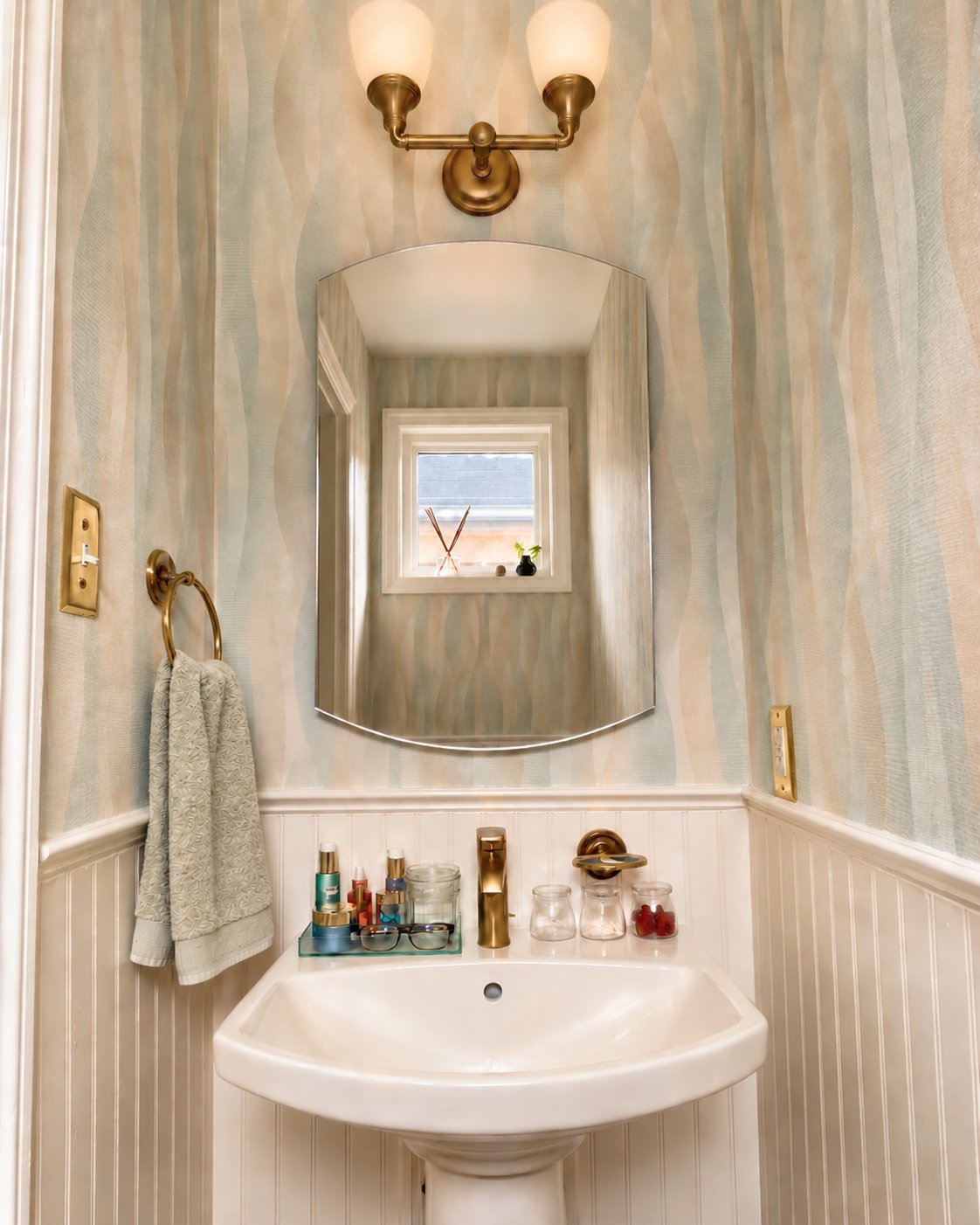 Bathroom with a small sink, oval mirror, wall-mounted light fixture, small window above the sink, and various toiletries on the sink