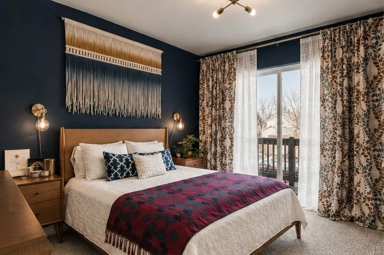 A cozy bedroom with a wooden bed frame, white bedding, and decorative pillows. There is a dark blue wall with wall-mounted lamps on either side of the bed. A colorful woven wall hanging is above the bed. The room has large windows with patterned curtains and sheer white curtains, opening to a balcony with a view of trees.