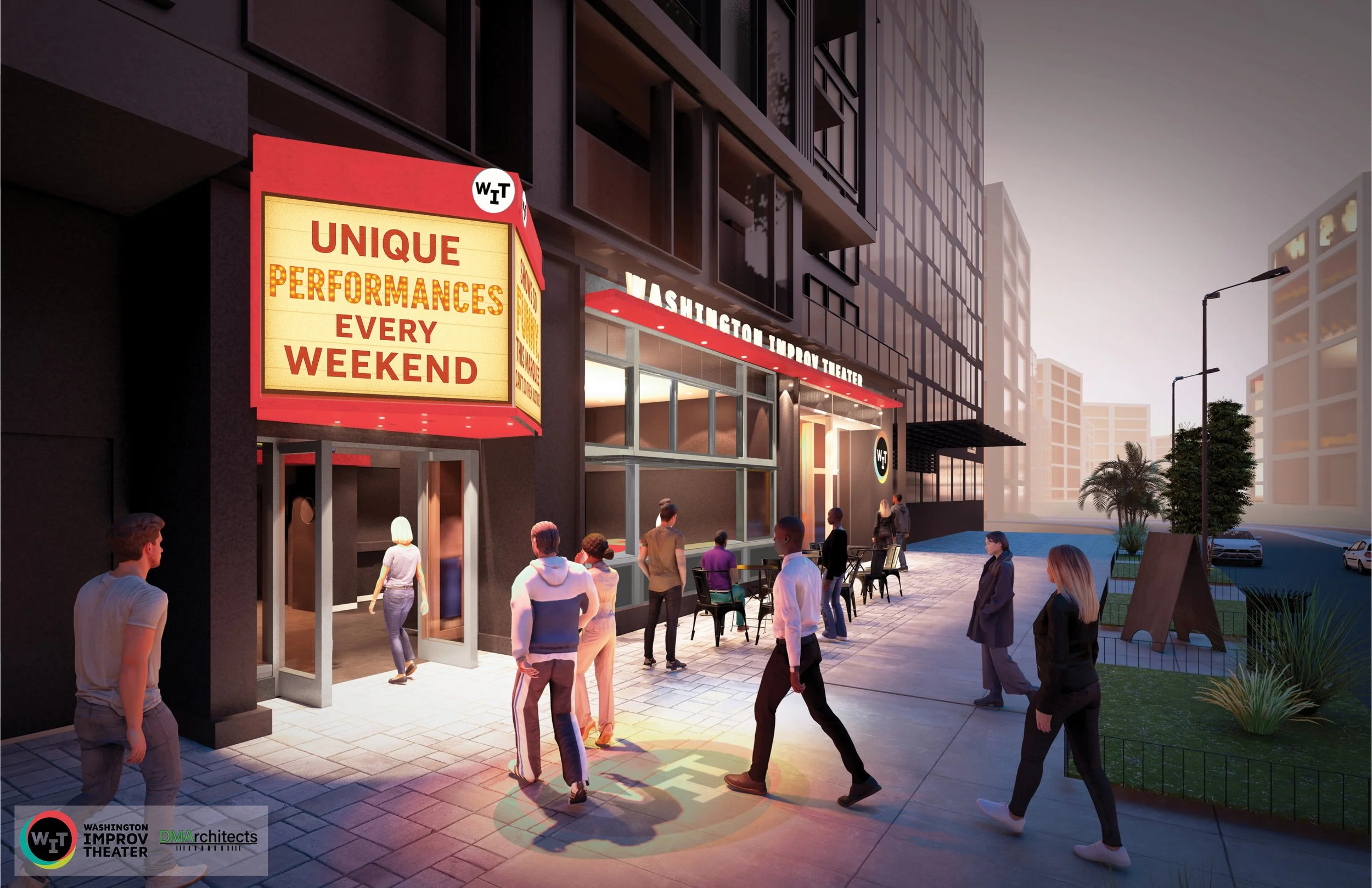 People gathering outside the Washington Improv Theater building at dusk, with a lit marquee sign that reads 'Unique Performances Every Weekend' and the theater's logo, with modern buildings in the background.