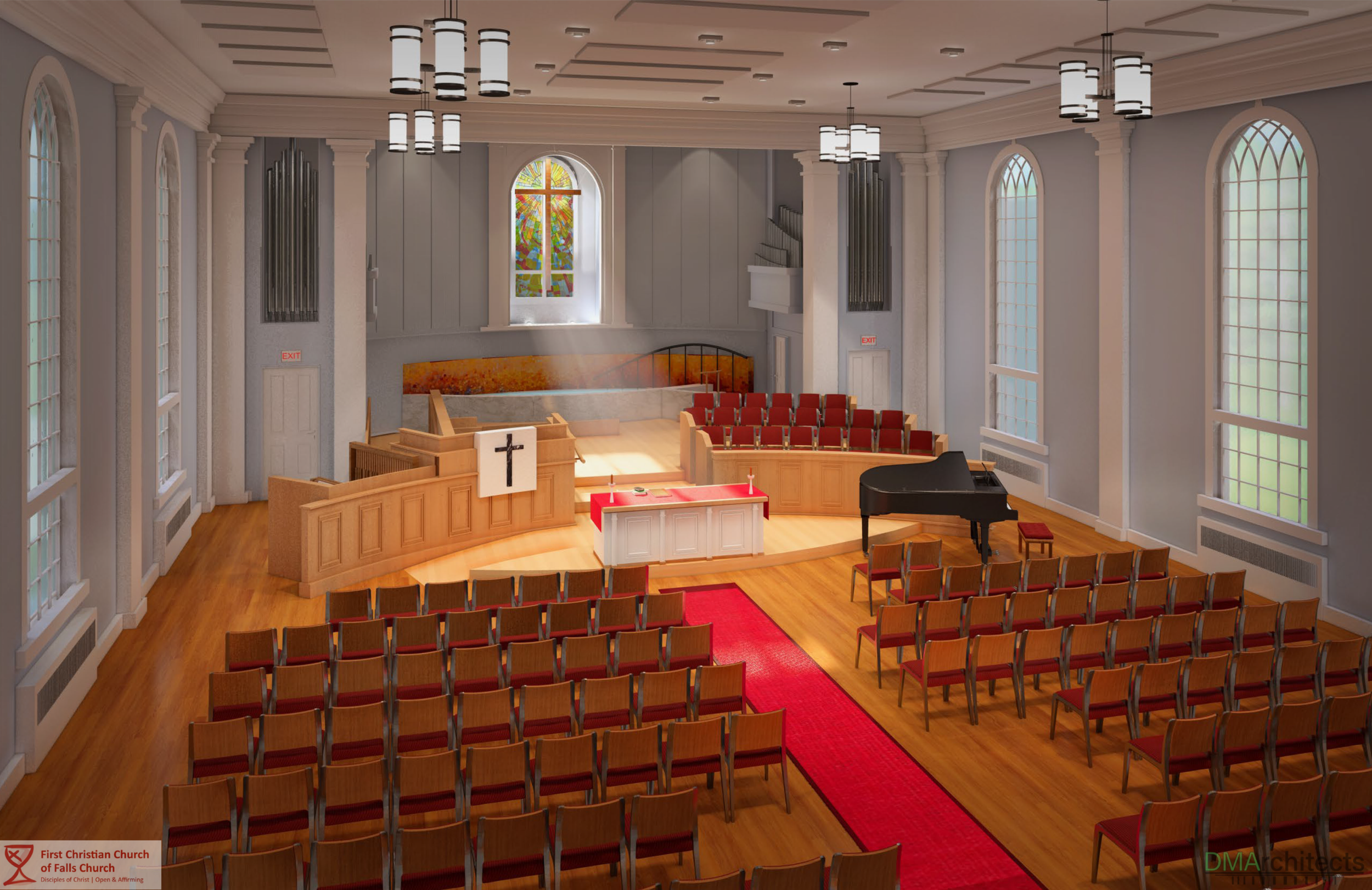 Interior of a church sanctuary with wooden pews, a red carpet aisle, a pulpit with a cross, a grand piano, stained glass windows, and hanging light fixtures.