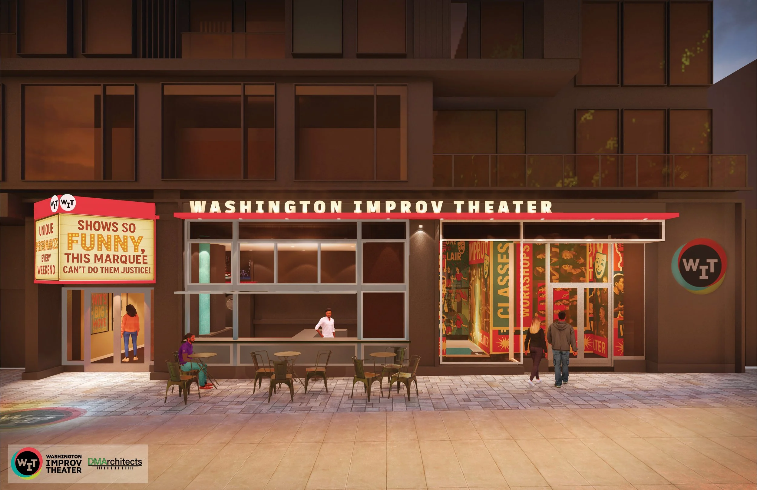 The exterior of the Washington Improv Theater with a marquee sign that reads "Shows So Funny, This Marquee Can't Do Them Justice!" There is a glass entrance with posters advertising improv classes and performances. A woman is standing near the entran