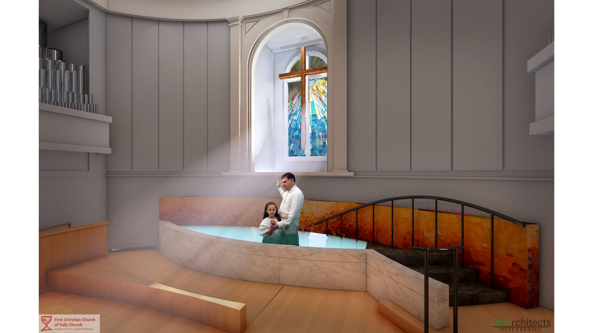 A man and a girl standing in a baptismal pool inside a church with a large stained glass window depicting a rainbow and a cross.