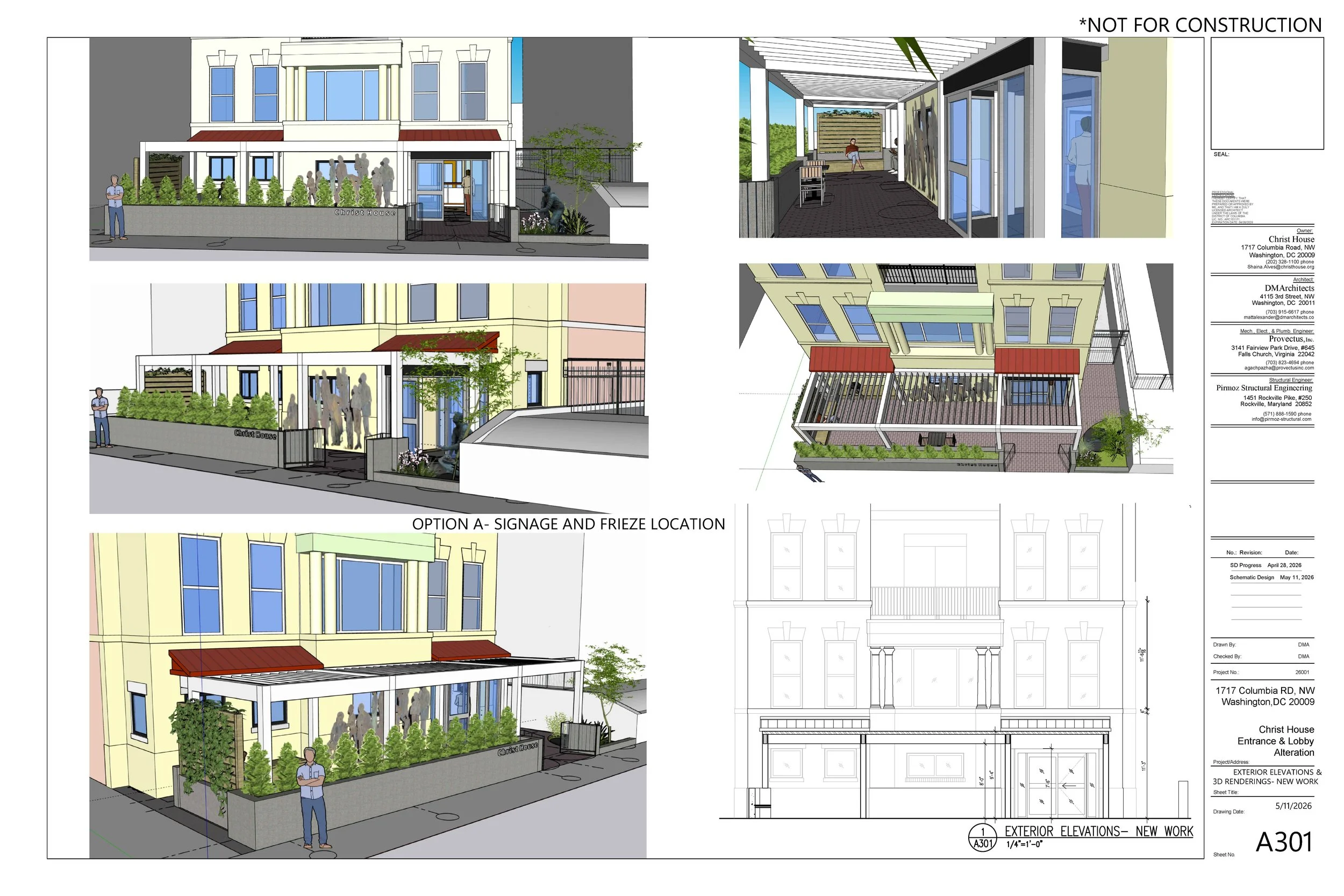 Architectural blueprint of a building named Christ House featuring exterior elevation designs, entrance, lobby, and signage options, with detailed drawings and annotations.