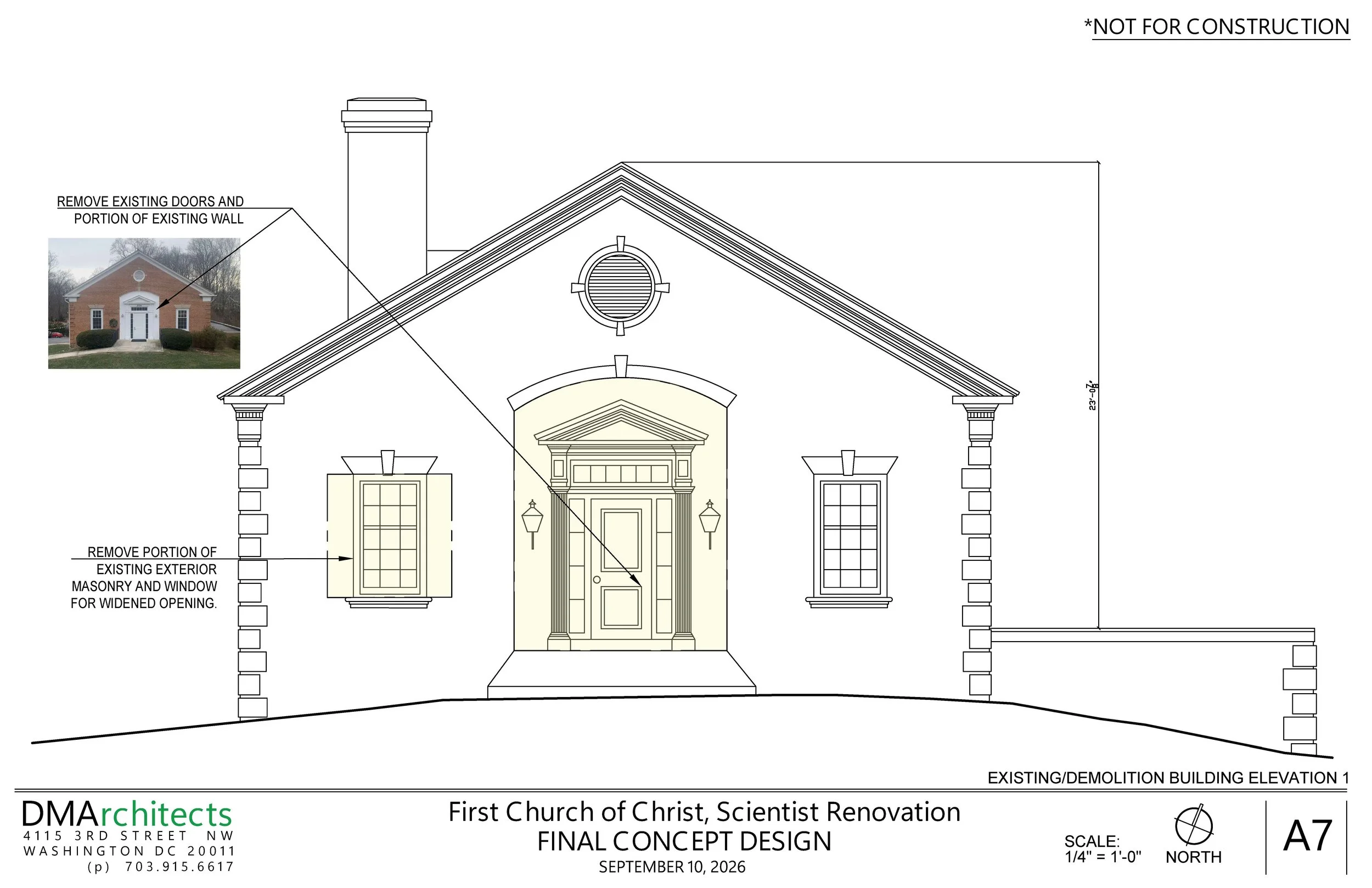 Architectural drawing of the first church of Christ, Scientist renovation. Includes a photo of the existing exterior with instructions to remove doors and a portion of the wall. The drawing shows the church's front elevation with a centered entrance,