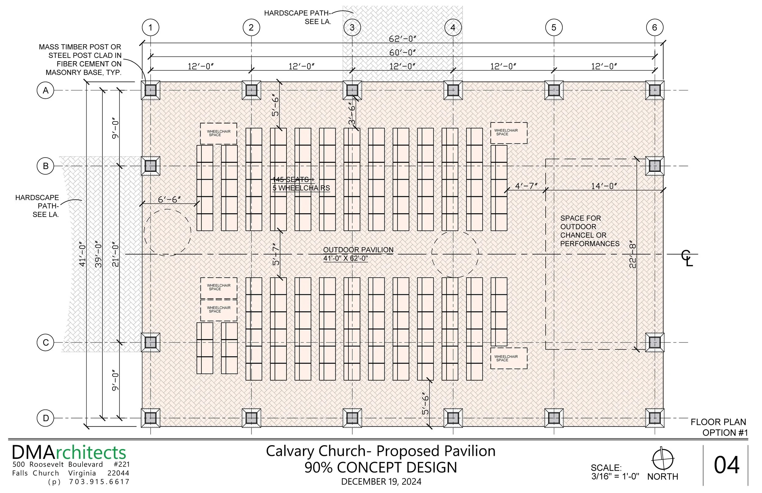 Architectural site plan for Calvary Church Proposed Pavilion, showing layout including outdoor pavilion, wheelchair spaces, hardscape paths, and foundation details with measurements.