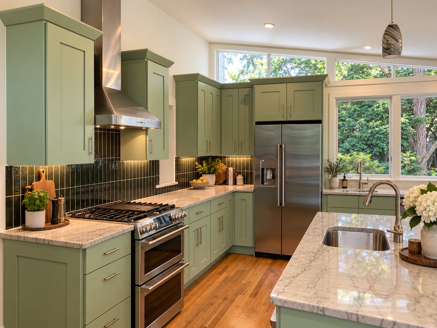 Modern kitchen with green cabinets, marble countertops, stainless steel appliances, black tile backsplash, large window with greenery outside, and wooden floor.