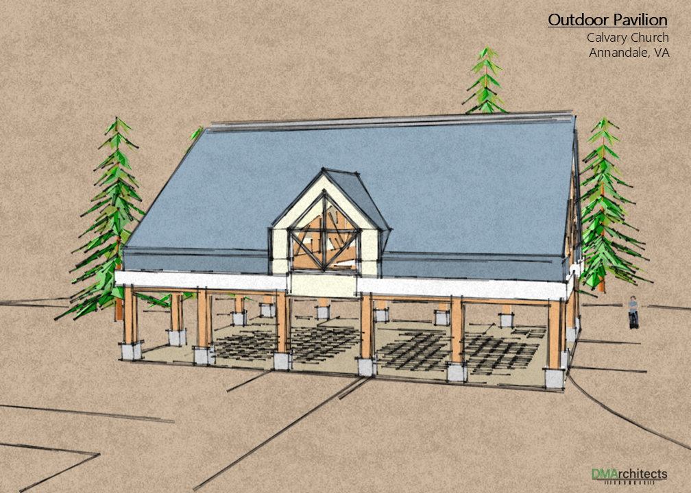 A digital architectural drawing of an outdoor pavilion for Calvary Church in Annandale, VA, featuring a large blue roof, wooden posts, and surrounded by tall green trees.