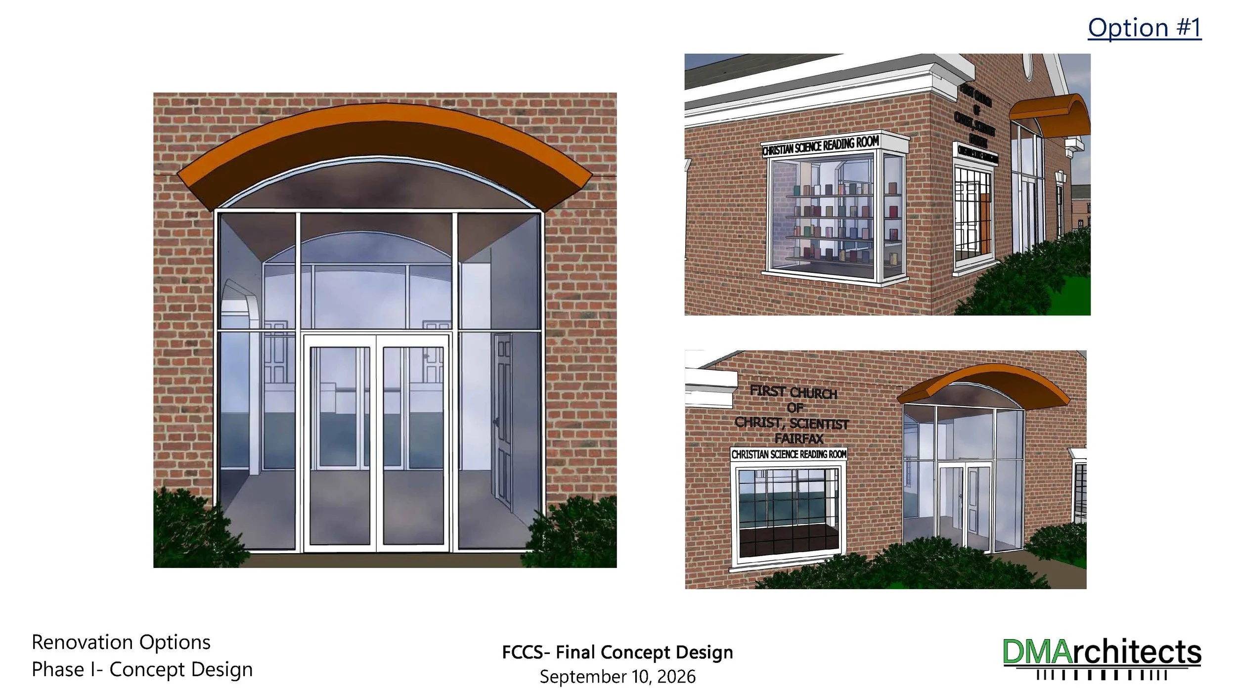 Design renderings of renovation options for a brick church building, featuring different window and entrance designs, including a detailed front entrance with a glass door and a curved awning.