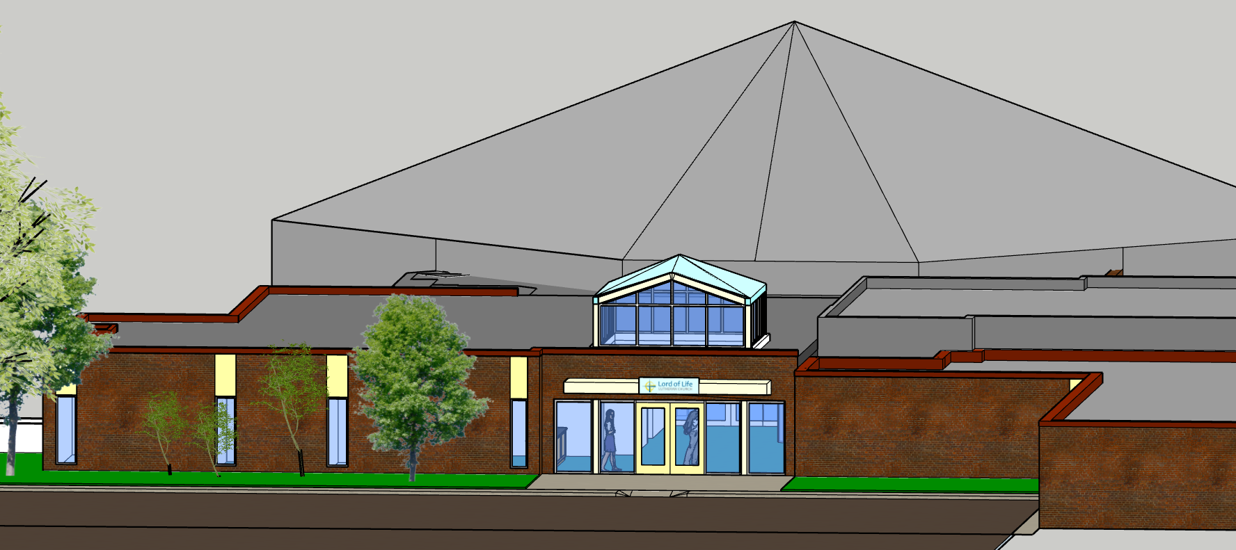 A digital architectural drawing of a church building with a brick facade, large windows, a glass entrance with doors, trees in front, and a large gray roof.