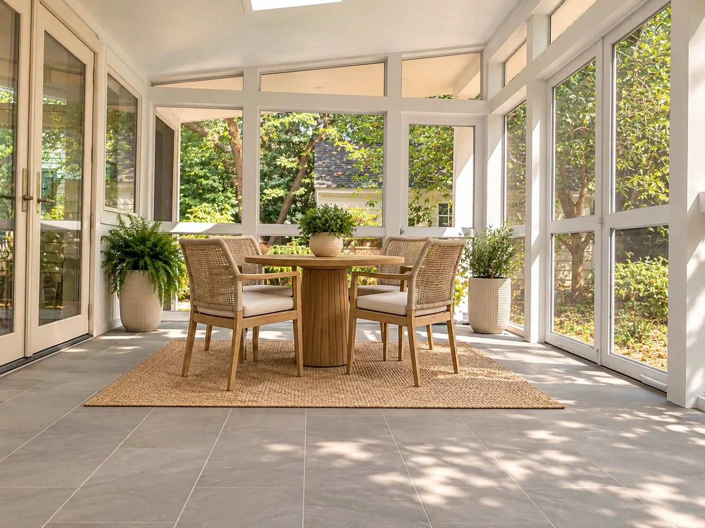 Sunlit enclosed porch with a round wooden table, four wicker chairs with white cushions, and potted plants, surrounded by large windows showing greenery outside.