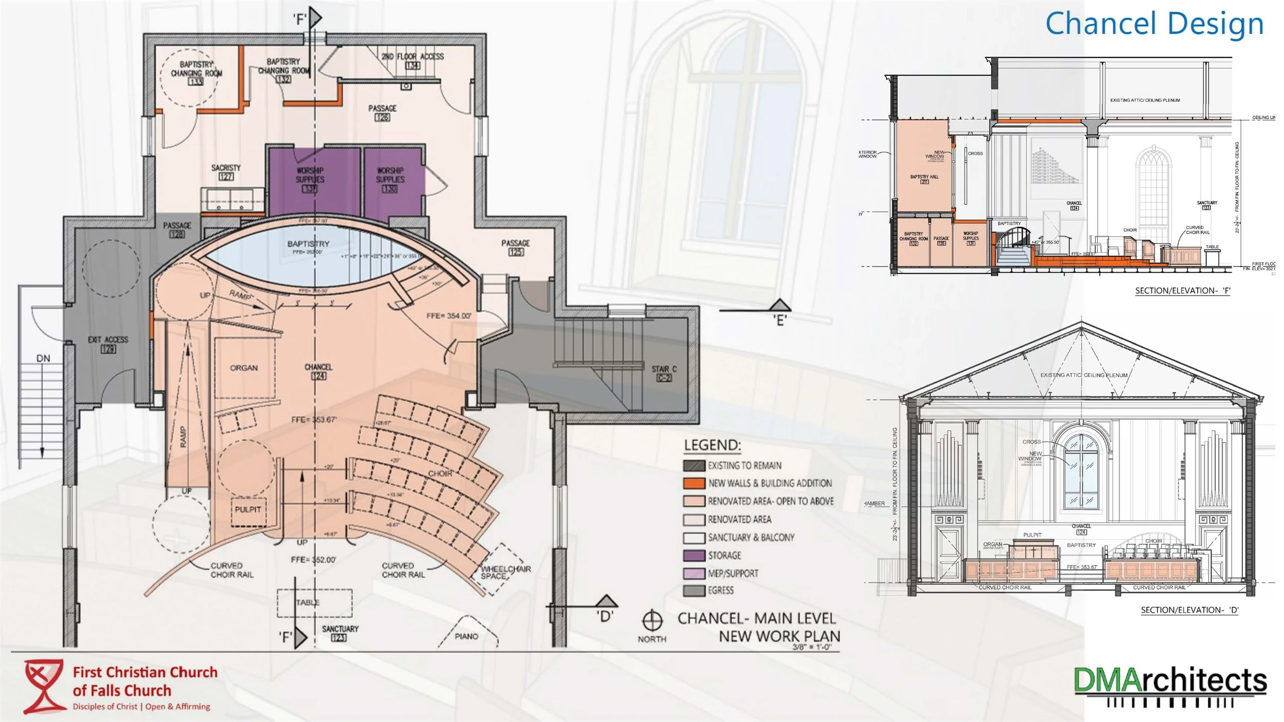 Architectural floor plan of a church with labeled areas including baptism, worship supplies, sanctuary, balconies, storage, and sections with elevation views. The plan features color coding for new and existing structures and renovations.