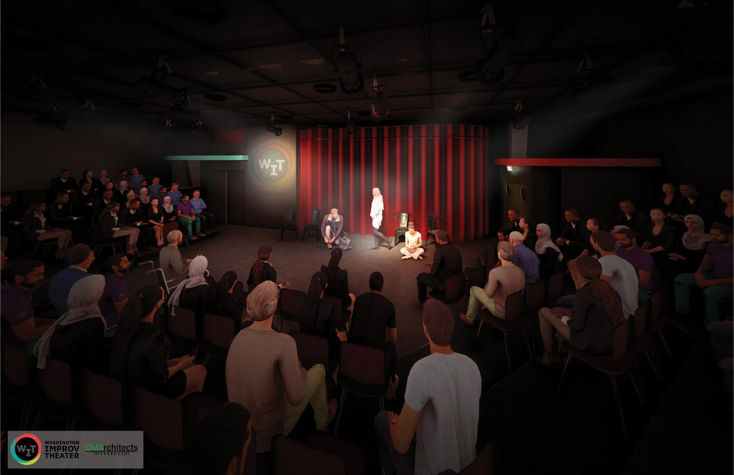 A theater stage with a red curtain, where two performers are engaged in a scene, surrounded by an audience seated in rows in a darkened room.
