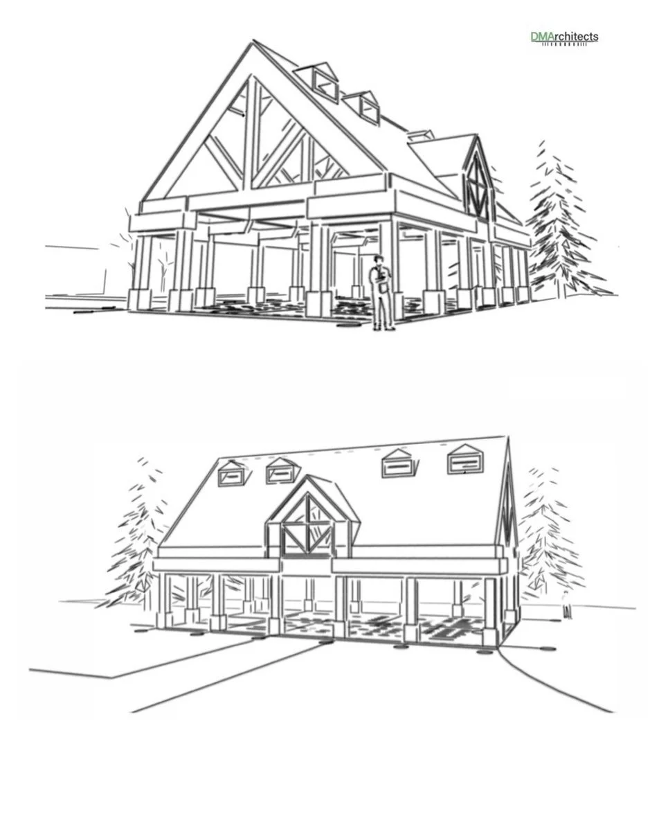 Line drawings of a house from two angles, featuring a large pitched roof, dormer windows, and a covered porch area with columns, surrounded by trees.