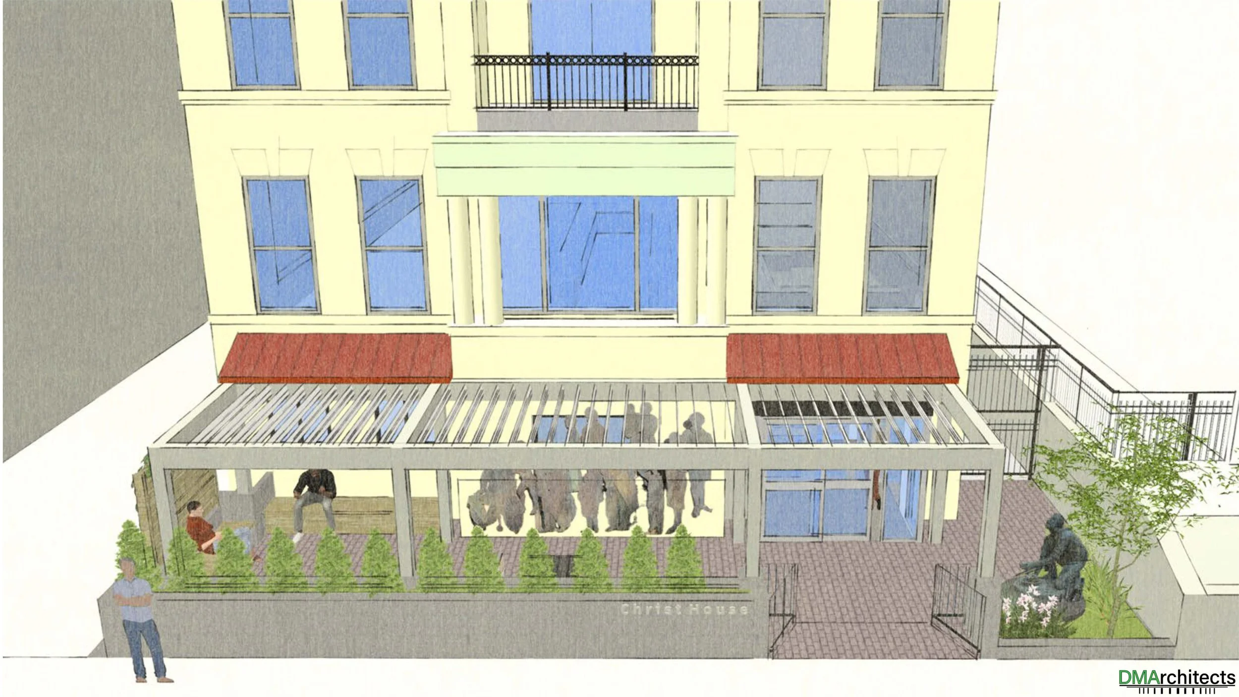 Architectural rendering of a multi-story building with large windows, a rooftop balcony, and an outdoor terrace with people socializing, plants, and trees.
