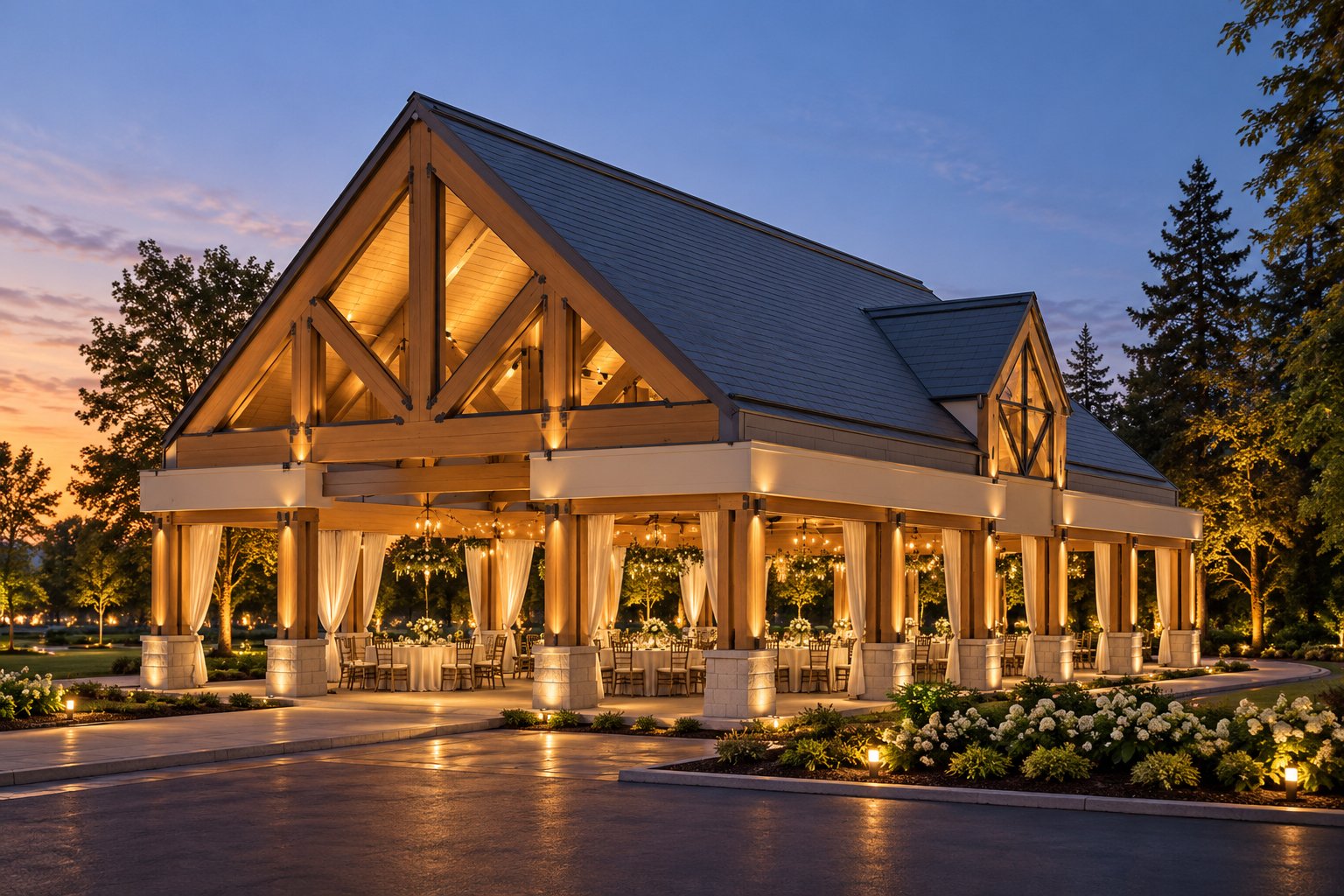 A beautifully lit outdoor pavilion with a wooden frame, glass windows, surrounded by trees and decorated with string lights and flowers, at dusk.