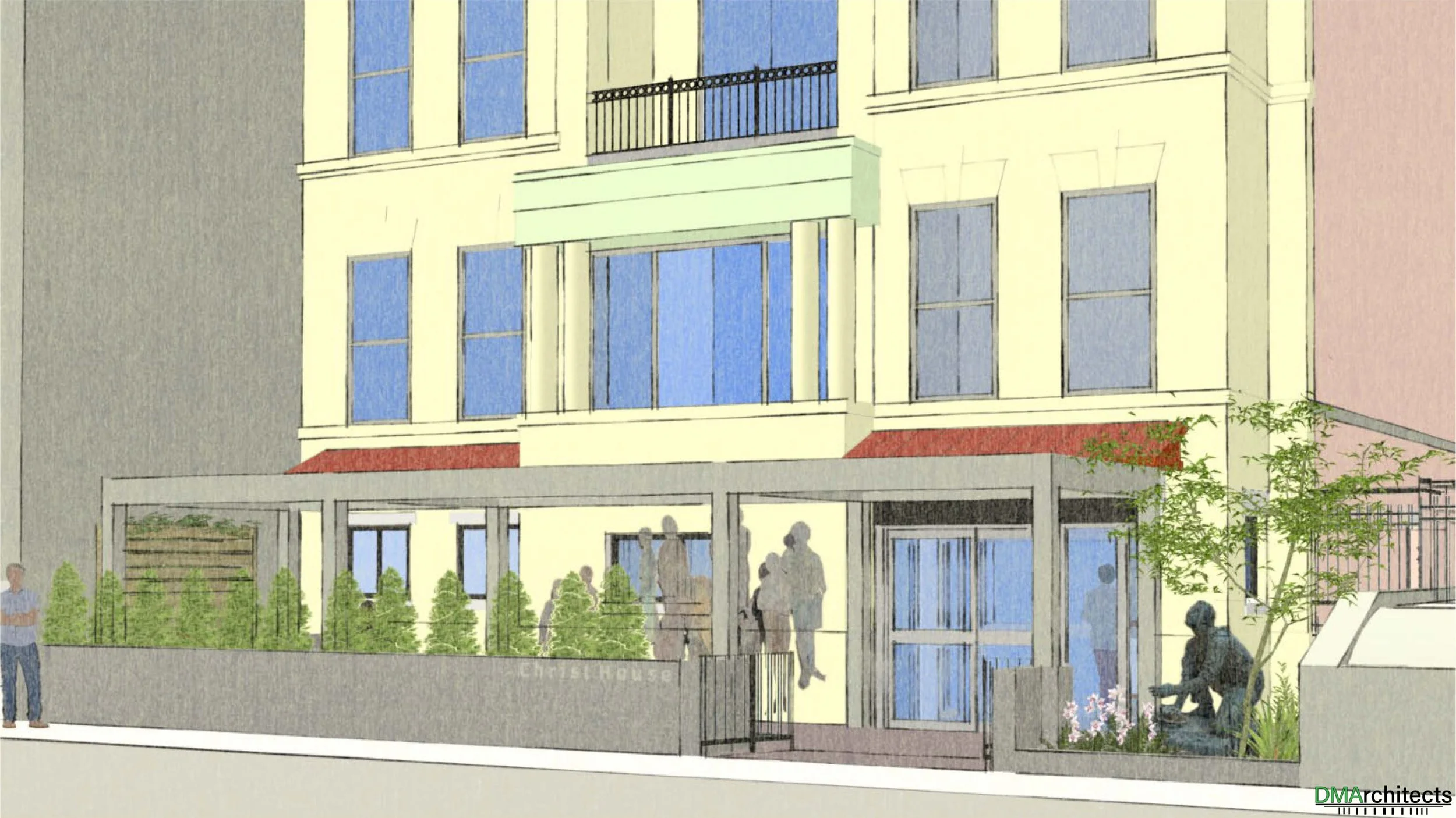Architectural illustration of a modern multi-story building with large glass windows, a small balcony, and a ground floor entrance with people gathered outside. There are trees and plants in the foreground.