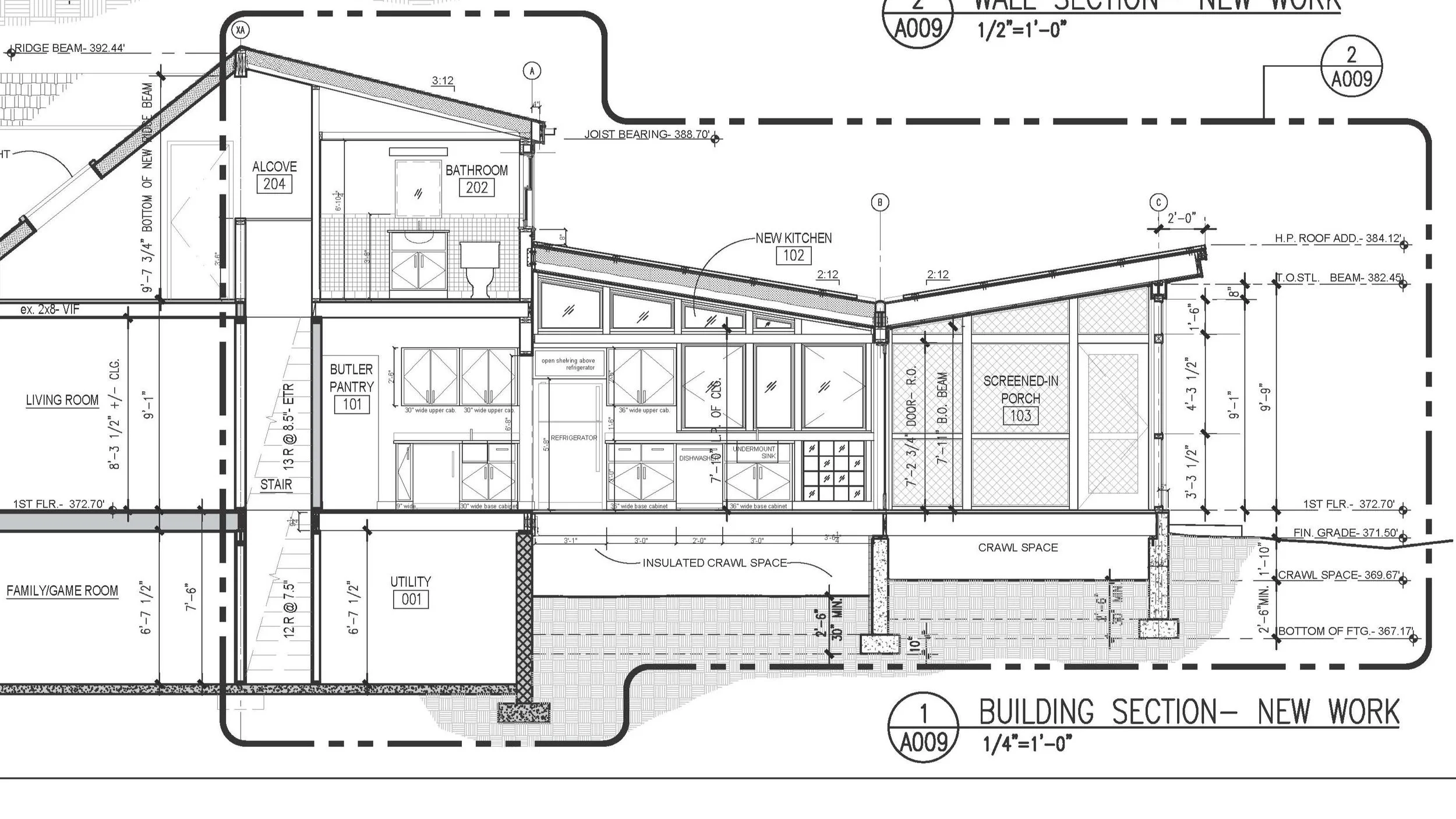 Architectural blueprint showing a building section with labeled rooms such as kitchen, bathroom, utility room, and family/game room, including measurements and construction details.