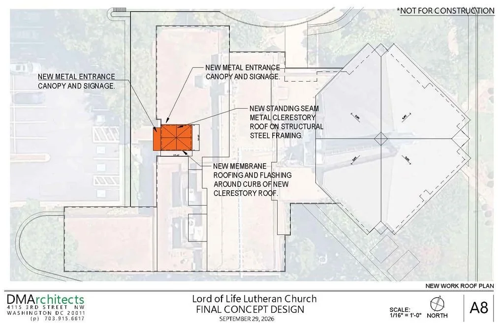Architectural blueprint of Lord of Life Lutheran Church showing new metal entrance canopy and signage, new membrane roofing, and structural steel framing for the church's roof.