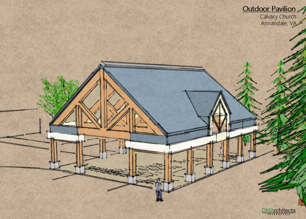 Architectural drawing of an outdoor pavilion with wooden beams, a pitched roof, and a small window; trees surround the structure. Text indicates it is located at Calvary Church in Annandale, VA.