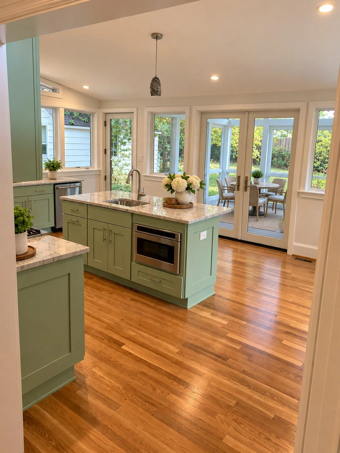Bright kitchen with green cabinets, marble countertops, wooden flooring, and large windows providing natural light. There is a kitchen island with a flower arrangement, and a dining area with a round table and chairs visible through glass doors.