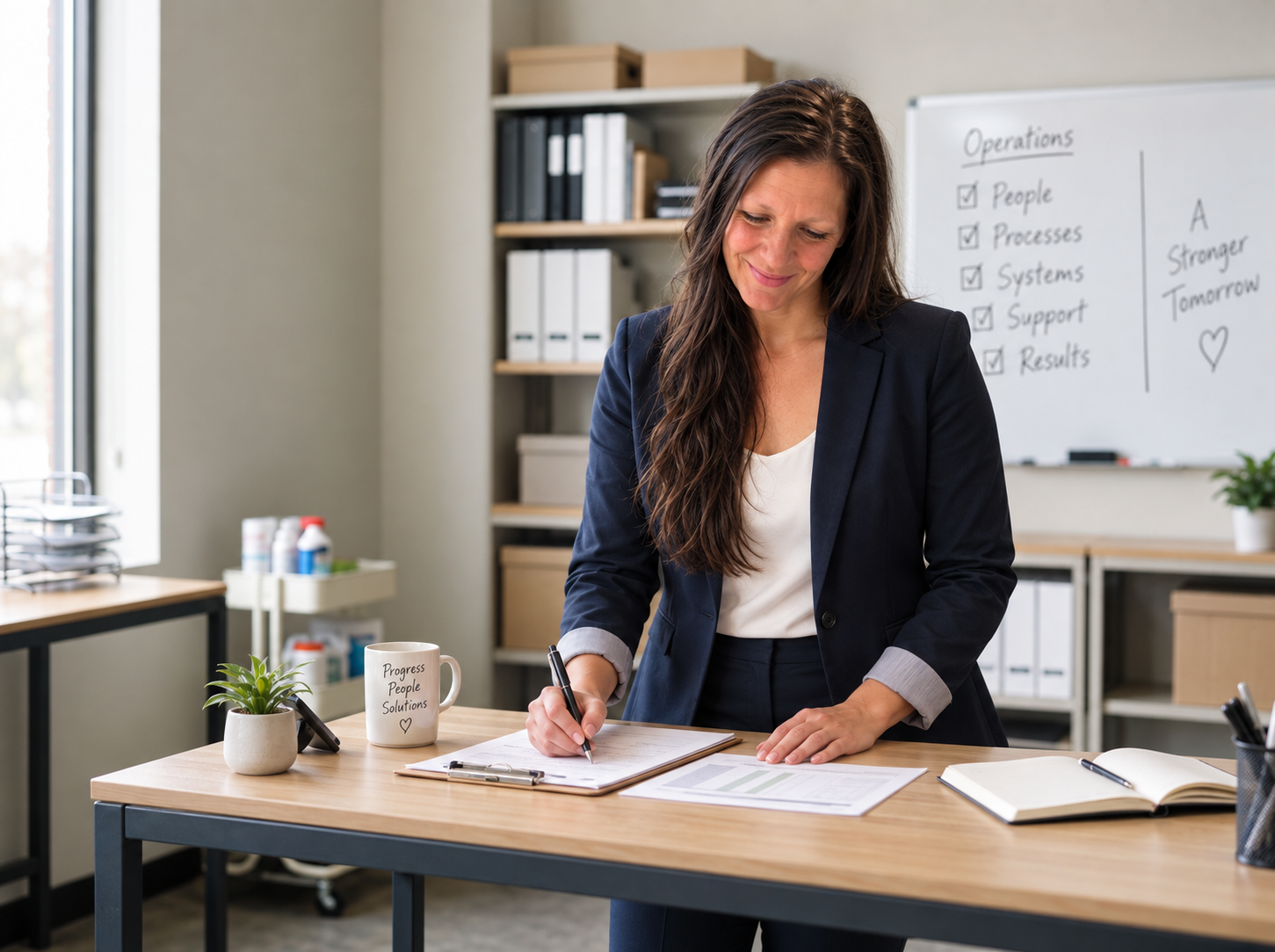 Woman standing at a table working.