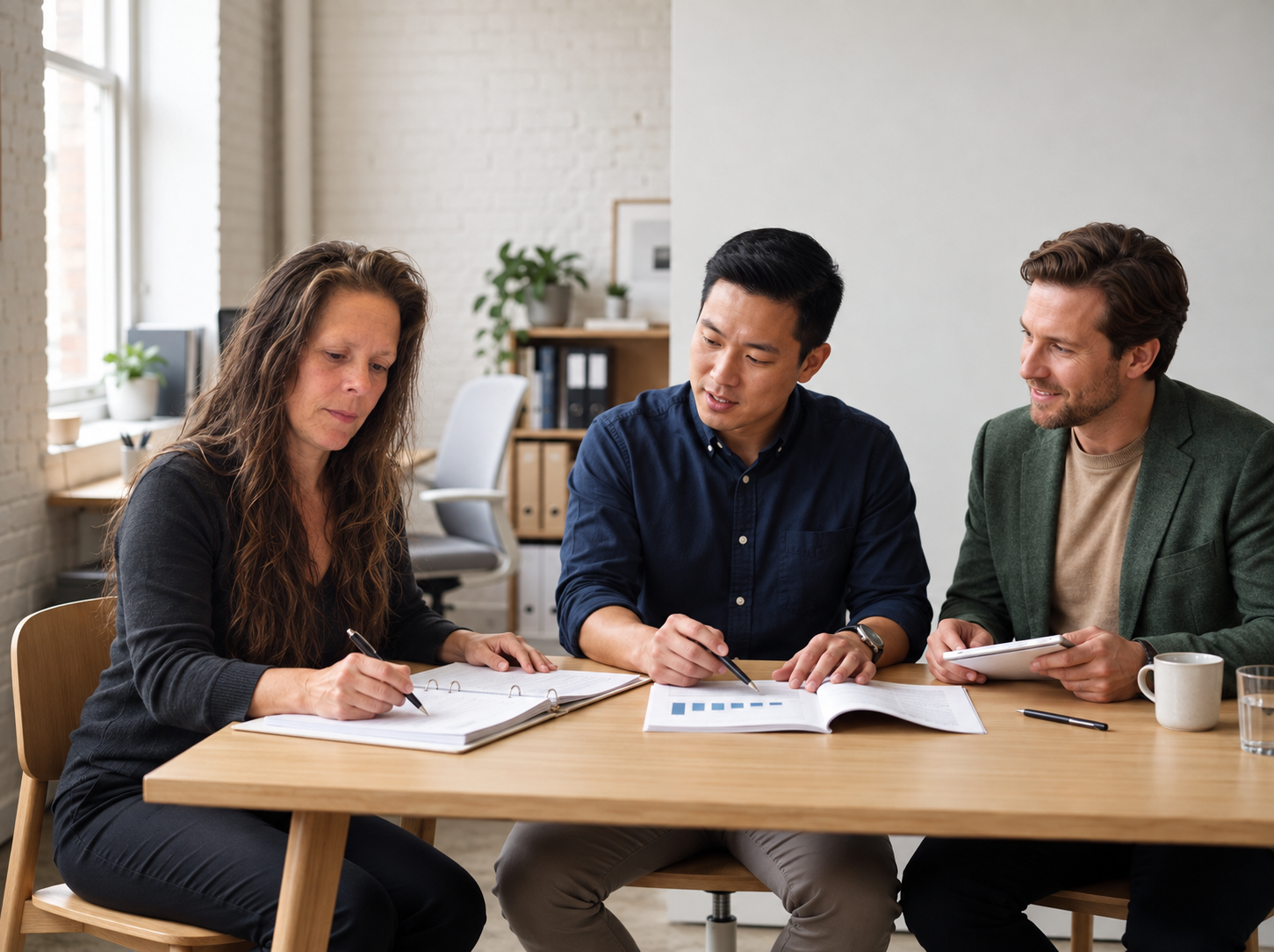 Three people sitting at a table reviewing documents